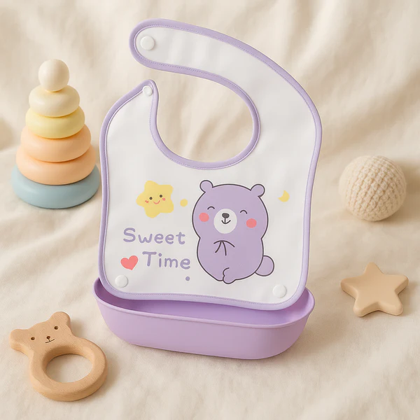 Baby Bib With Detachable Silicon Pocket Sweet Bear Purple